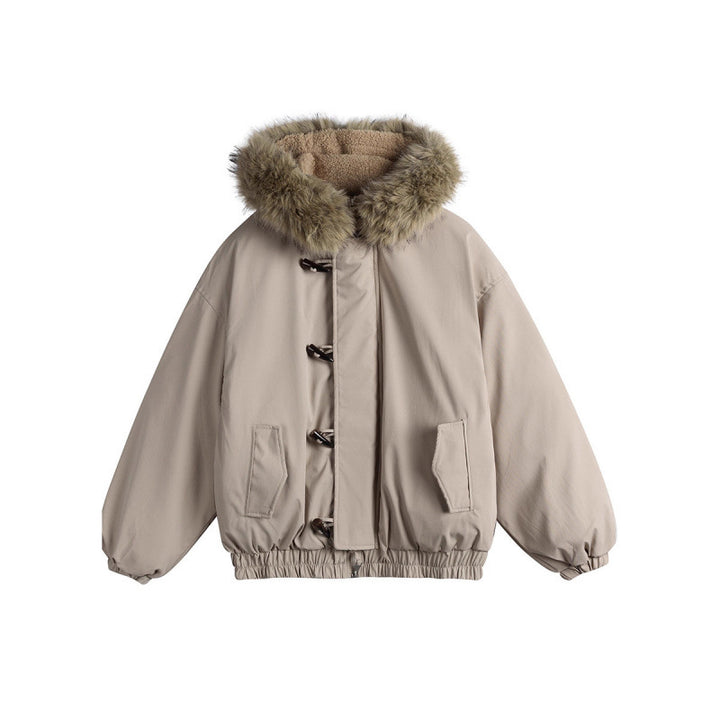 Unisex Gepolsterte Kapuzenjacke im Boxy‑Cut mit Teddyinnenfutter, Kunstfellkragen und Knebelverschlüssen Drune