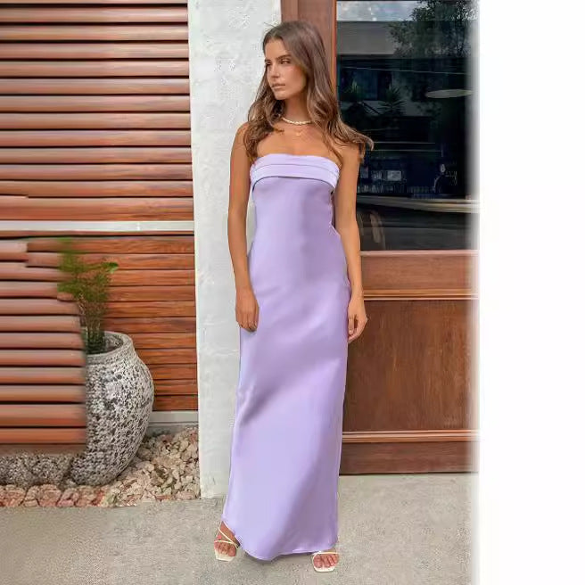 Drune | Sommer Einfarbiges Trägerloses Elastisches Rückfreies Satin Kleid
