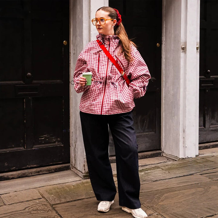Damen Karo-Windbreaker mit Taillenzug, Kapuze und Reißverschluss Drune