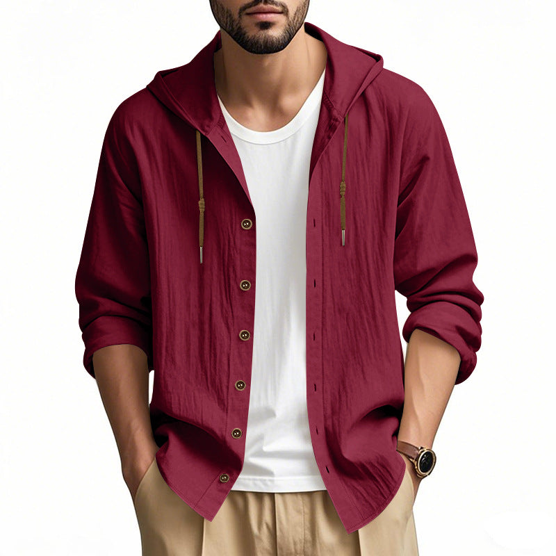 Herren nan leichtes Kapuzenhemdjacke aus Leinenoptik mit durchgehender Knopfleiste Drune
