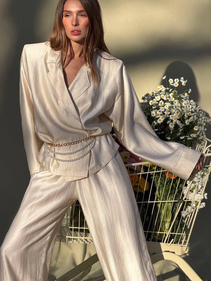 Damen Satin-Zweiteiler mit Wickelbluse, weiten Hosen und elastischem Bund Drune