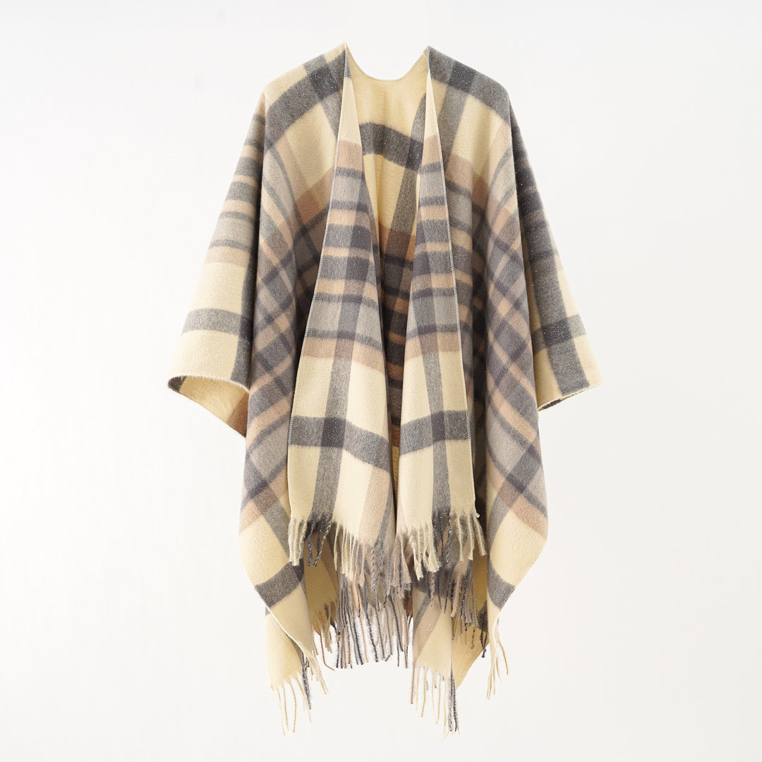 Damen Übergroßer Karierter Wollponcho mit Fransen Drune