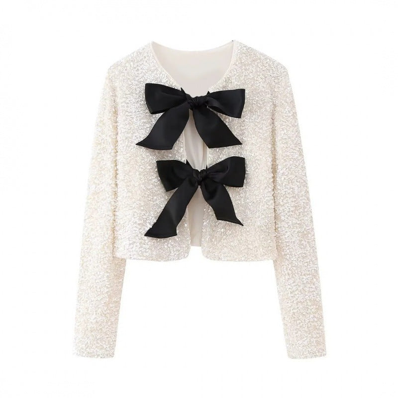 Damen Pailletten-Bolerojacke mit dekorativen Satin-Schleifen Drune