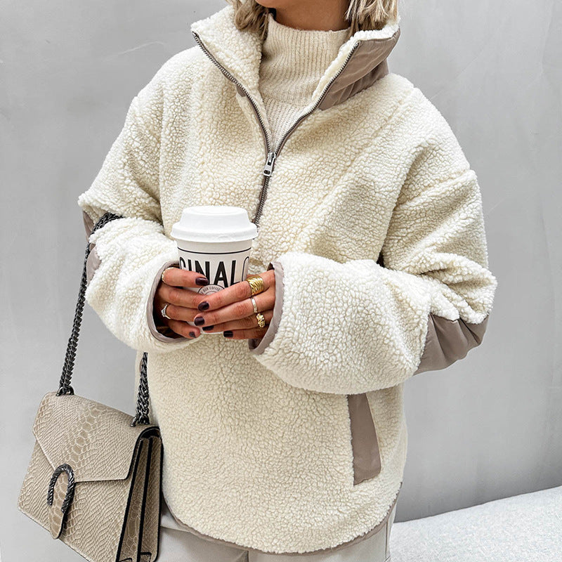 Damen Oversized Sherpa-Fleece Pullover mit halbem Reißverschluss und Kängurutasche Drune
