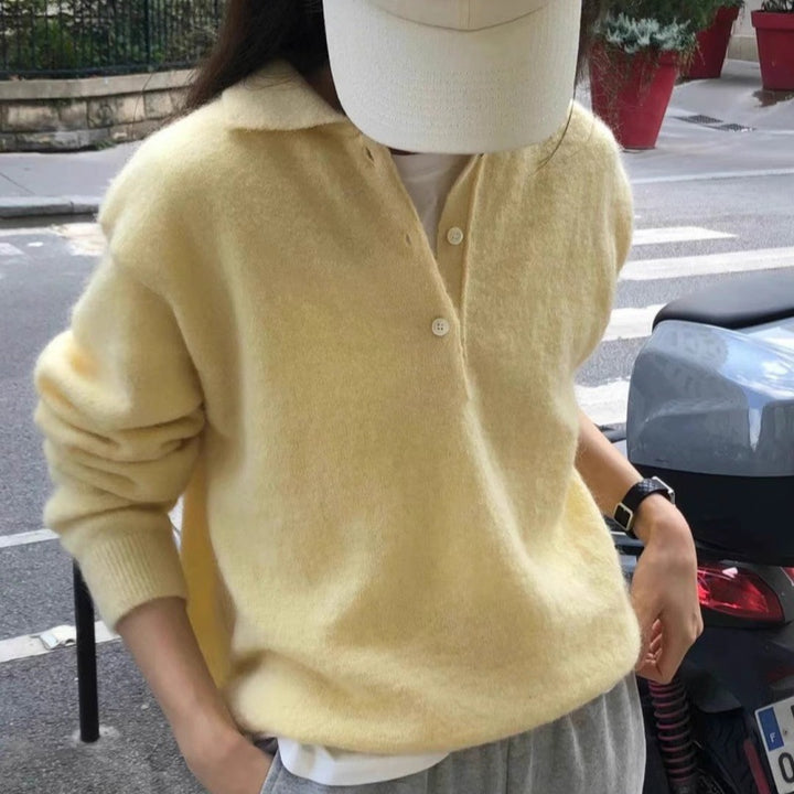 Damen Weicher Kapuzenpullover im Mohair‑Look mit tiefem V‑Ausschnitt und halber Knopfleiste Drune