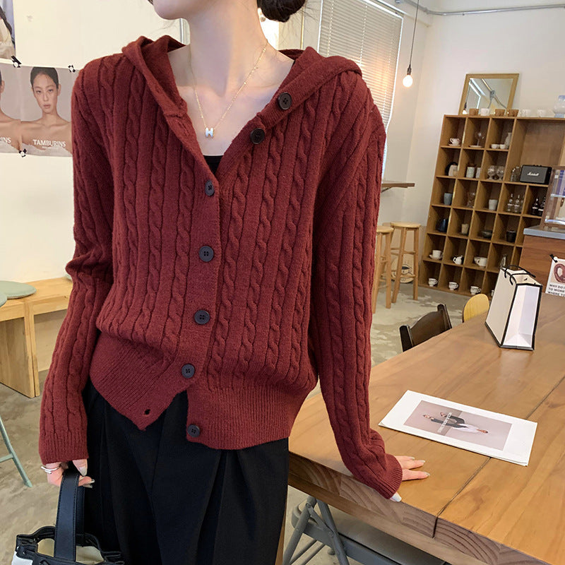 Damen Strickjacke mit Kapuze und Knopf-Detail Drune