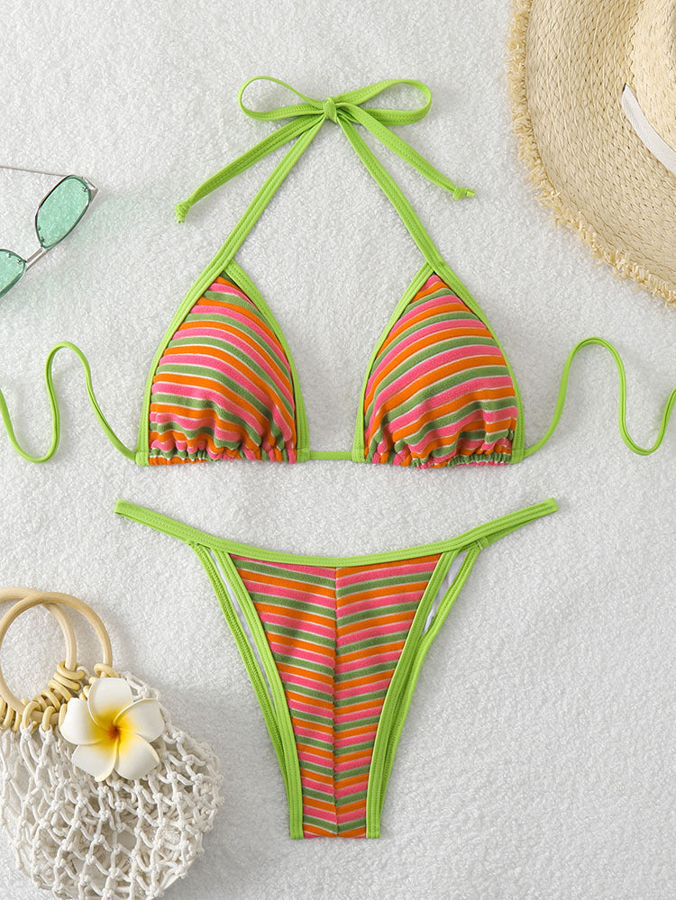 Damen Triangel-Bikini mit fröhlichem Streifenmuster und verstellbaren Trägern Drune
