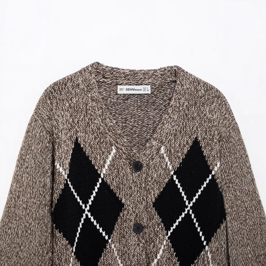 Damen modische Strickjacke im stilvollen Argyle-Muster Drune