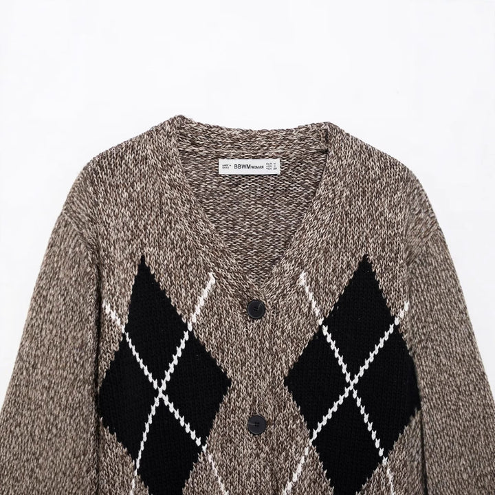 Damen modische Strickjacke im stilvollen Argyle-Muster Drune
