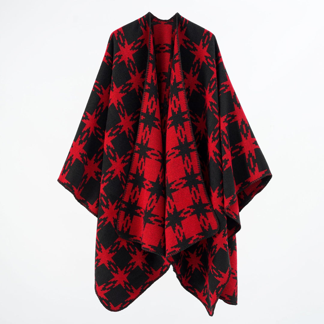 Damen Oversize-Jacquard-Cape mit Sternmotiv und kontrastierter Kettelkante Drune