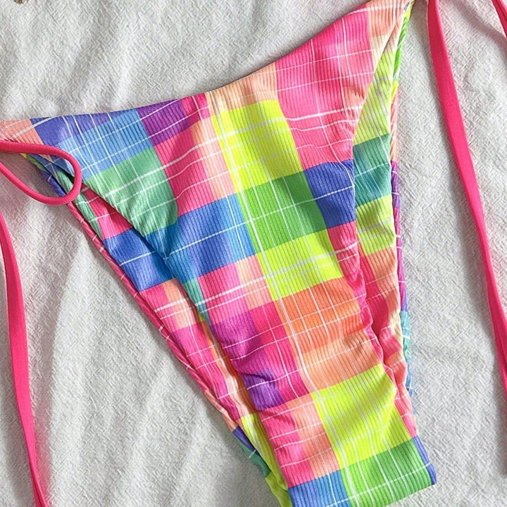 Damen Bunt karierter Triangel-Bikini mit seitlichen Bindebändern Drune