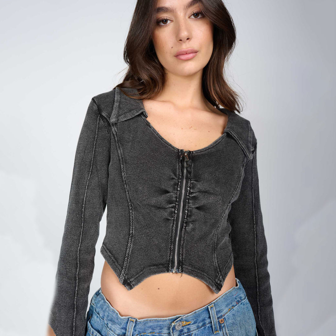 Damen tailliertes Jeansjacke mit Reißverschluss Drune