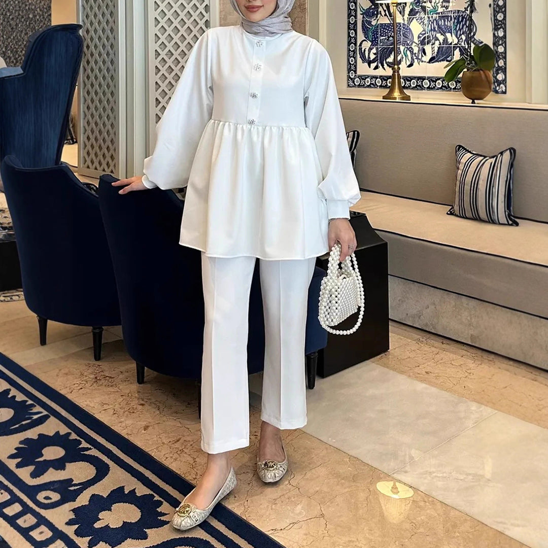 Damen Elegantes Tunika‑Hosen‑Set mit geraffter Empire‑Tunika und schlanker Anzughose Drune