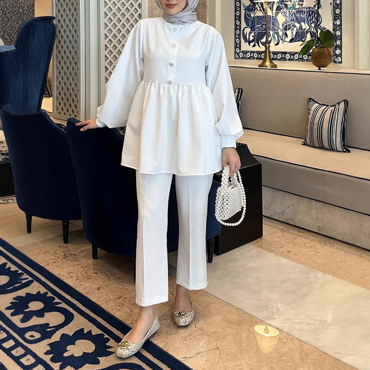 Damen Elegantes Tunika‑Hosen‑Set mit geraffter Empire‑Tunika und schlanker Anzughose Drune