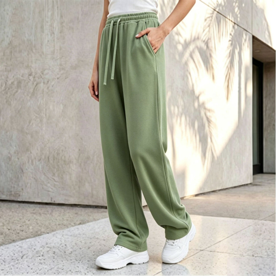 Damen nan weite Loungepalazzo-Hose mit hohem Komfortbund, Kordelzug, seitlichen Eingrifftaschen und dekorativer Seitennaht Drune