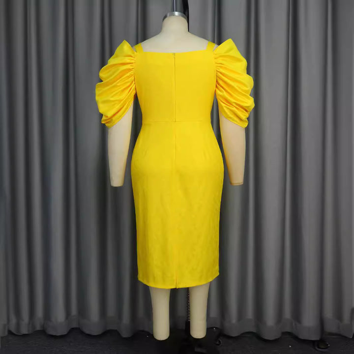 Damen figurumspielendes Kleid mit voluminösen Puffärmeln und Taillengürtel Drune