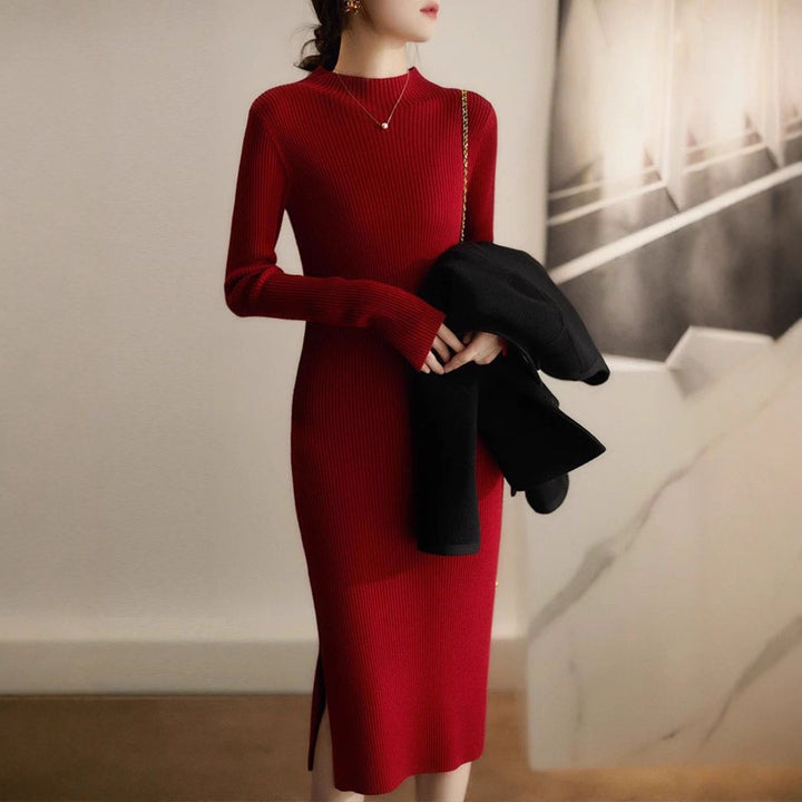 Damen Elegantes Strickkleid mit hochgeschlossenem Kragen und feinem Rippmuster Drune