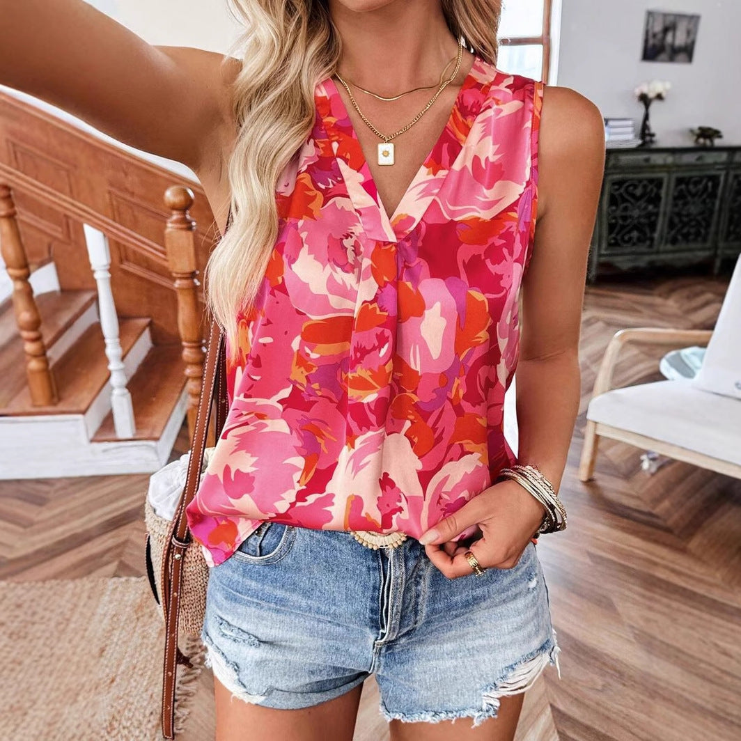 Damen ärmelloses Blusenshirt mit femininem floralem Druck Drune