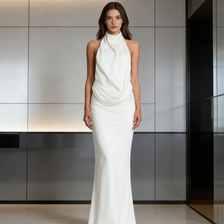 Damen Elegantes und fließendes Abendkleid mit hohem Kragen Drune