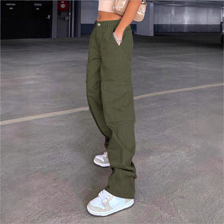 Damen weite Cargo-Hose mit hoher Taille, aufgesetzten Klappentaschen und legerer Baggy-Passform Drune