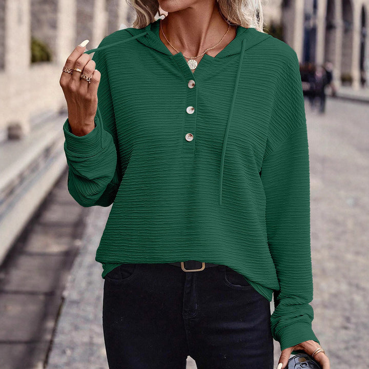 Damen Lässiges strukturiertes Kapuzen-Henley-Shirt mit Knopfleiste und Oversize-Schnitt Drune