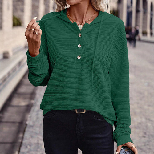 Damen Lässiges strukturiertes Kapuzen-Henley-Shirt mit Knopfleiste und Oversize-Schnitt Drune