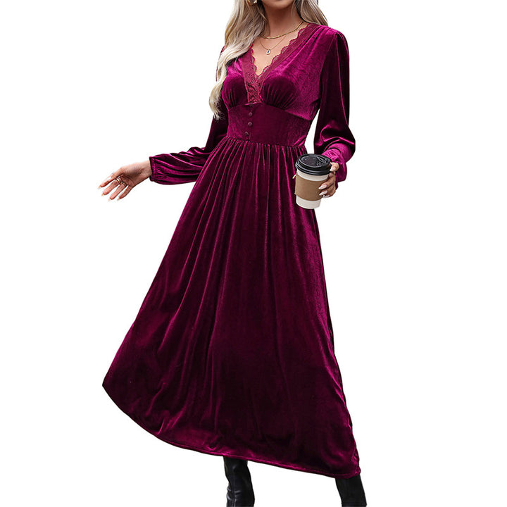 Damen Samt-Maxikleid mit V-Ausschnitt und Empire-Taille Drune