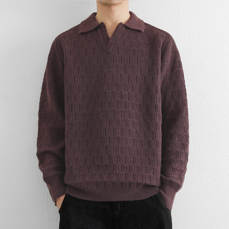 Herren Feinstrick-Polo-Pullover mit Strukturstrick und offenem V-Ausschnitt Drune