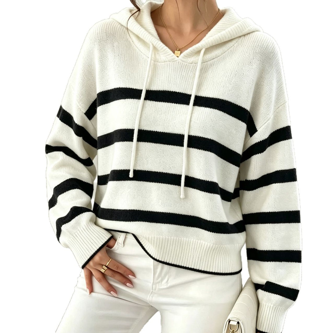 Damen Kapuzen-Strickpullover im Maritim-Look mit geripptem Saum und relaxed Fit Drune