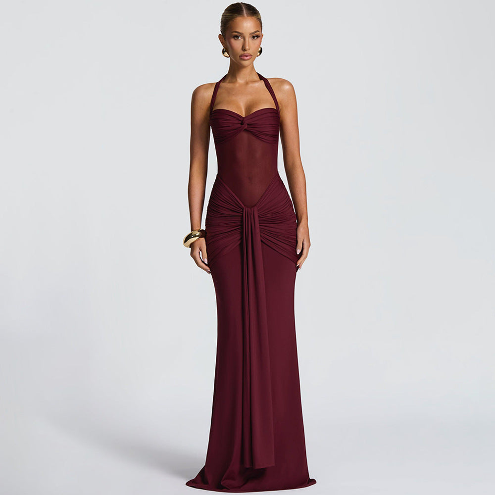 Damen nan figurbetontes Neckholder-Abendkleid mit transparentem Mesh-Einsatz und geraffter Hüftpartie Drune