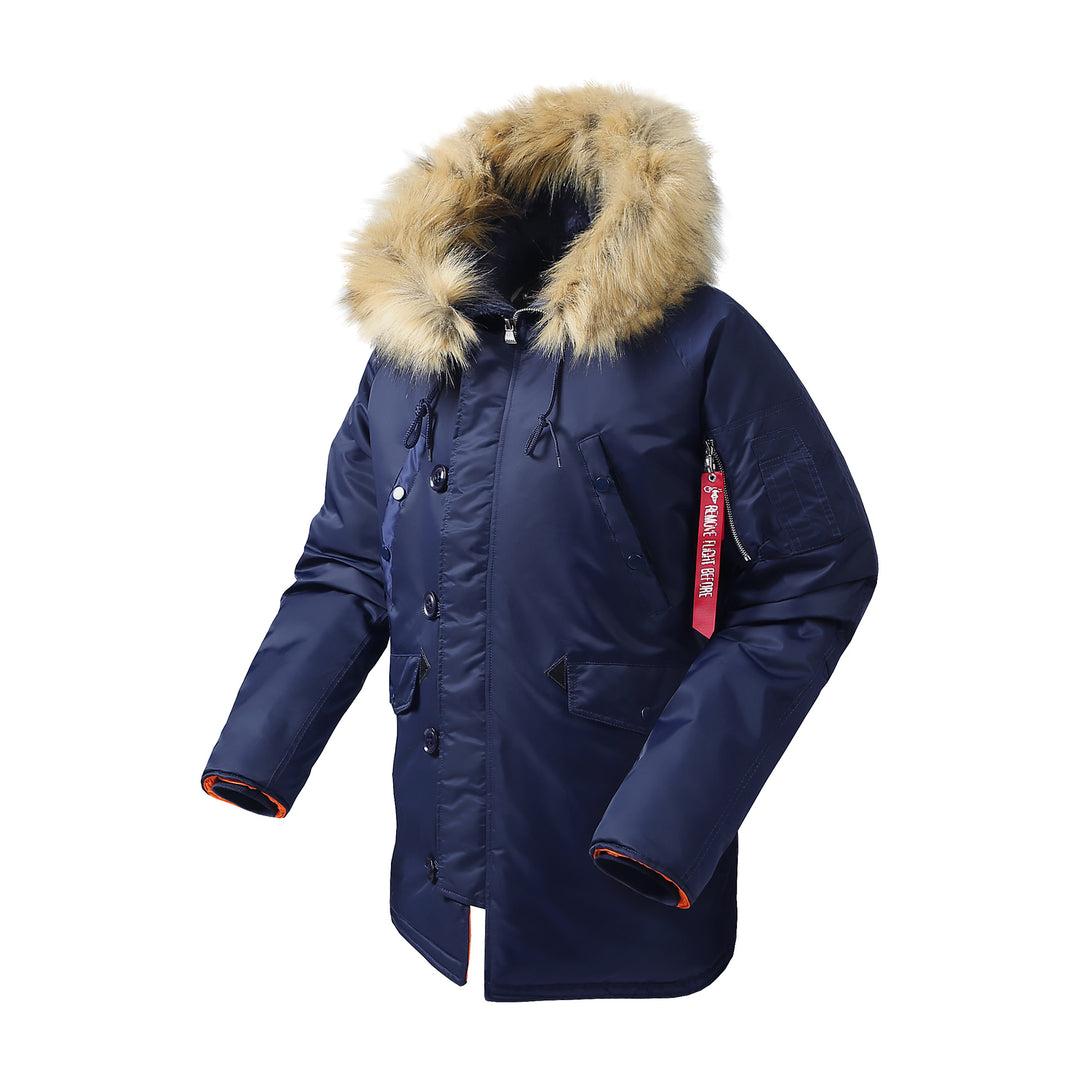 Herren langer thermoisolierter Parka mit Kunstfellkapuze und Utility‑Taschen Drune