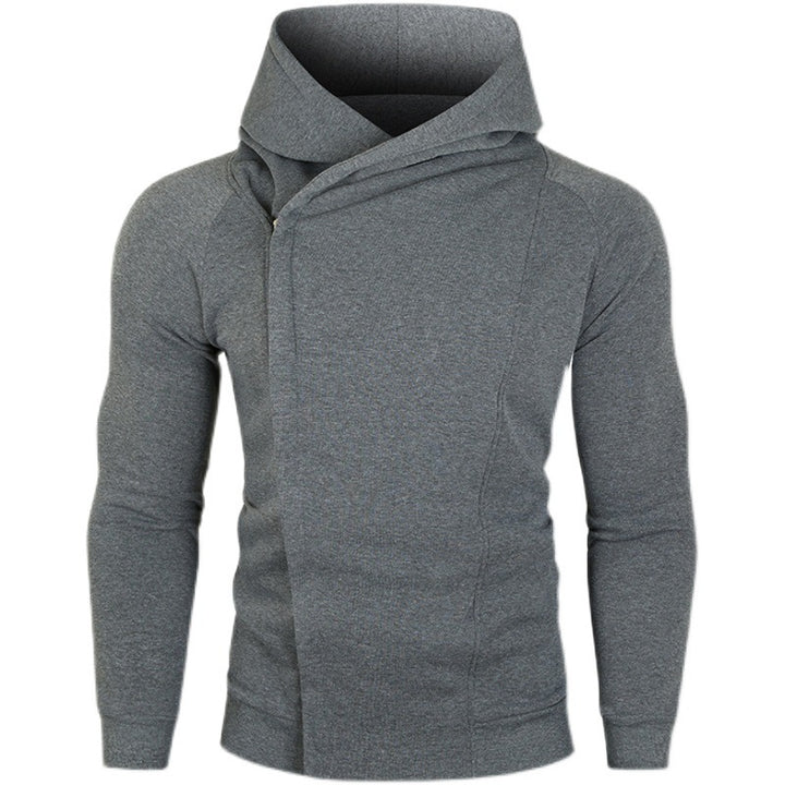 Herren nan asymmetrischer Kapuzenpullover mit Wickelkragen und verdeckter Knopfleiste, schlanke sportive Passform Drune