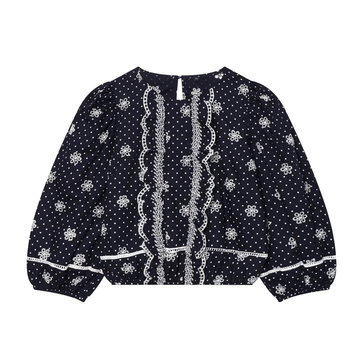 Damen Bestickte Polka-Dot Bluse mit Rüschen und Ballonärmeln Drune