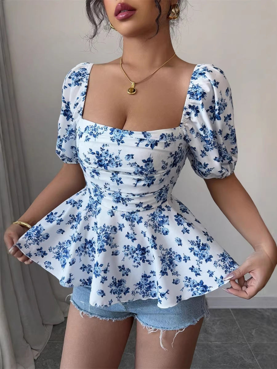 Damen Peplum-Bluse mit Puffärmeln und floralem Design Drune