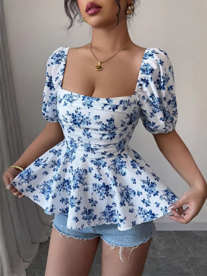 Damen Peplum-Bluse mit Puffärmeln und floralem Design Drune