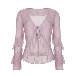 Damen luftiges Chiffon-Oberteil mit voluminösen Rüschendetails Drune