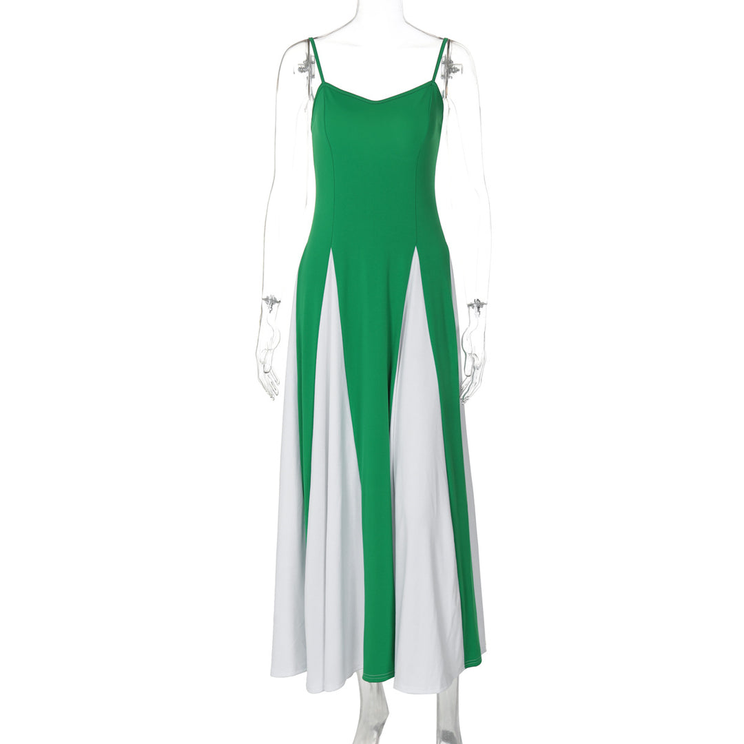 Damen Elegantes Maxikleid mit diagonalen Farbakzenten und schmalen Spaghettiträgern Drune