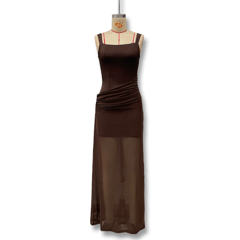 Damen Elegantes Maxikleid mit raffinierten Drapierungen und transparentem Rock Drune