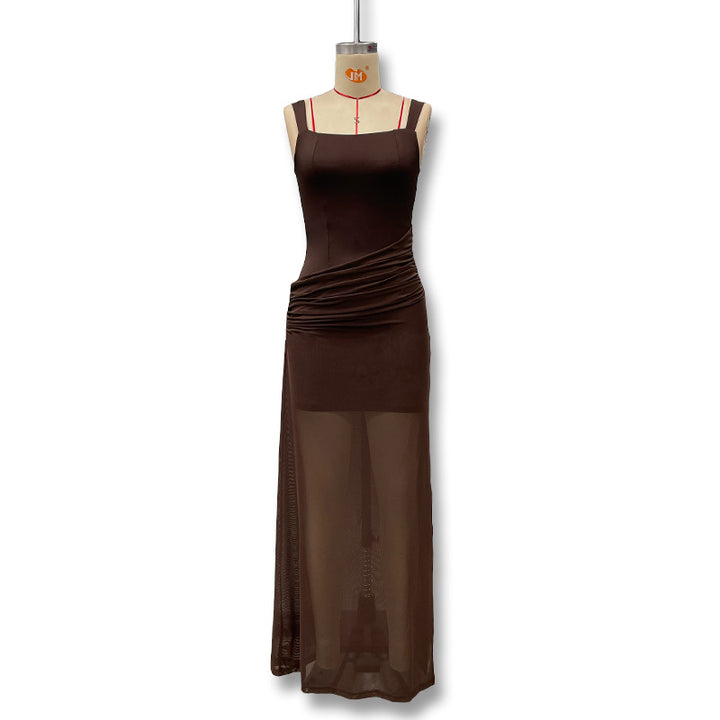 Damen Elegantes Maxikleid mit raffinierten Drapierungen und transparentem Rock Drune