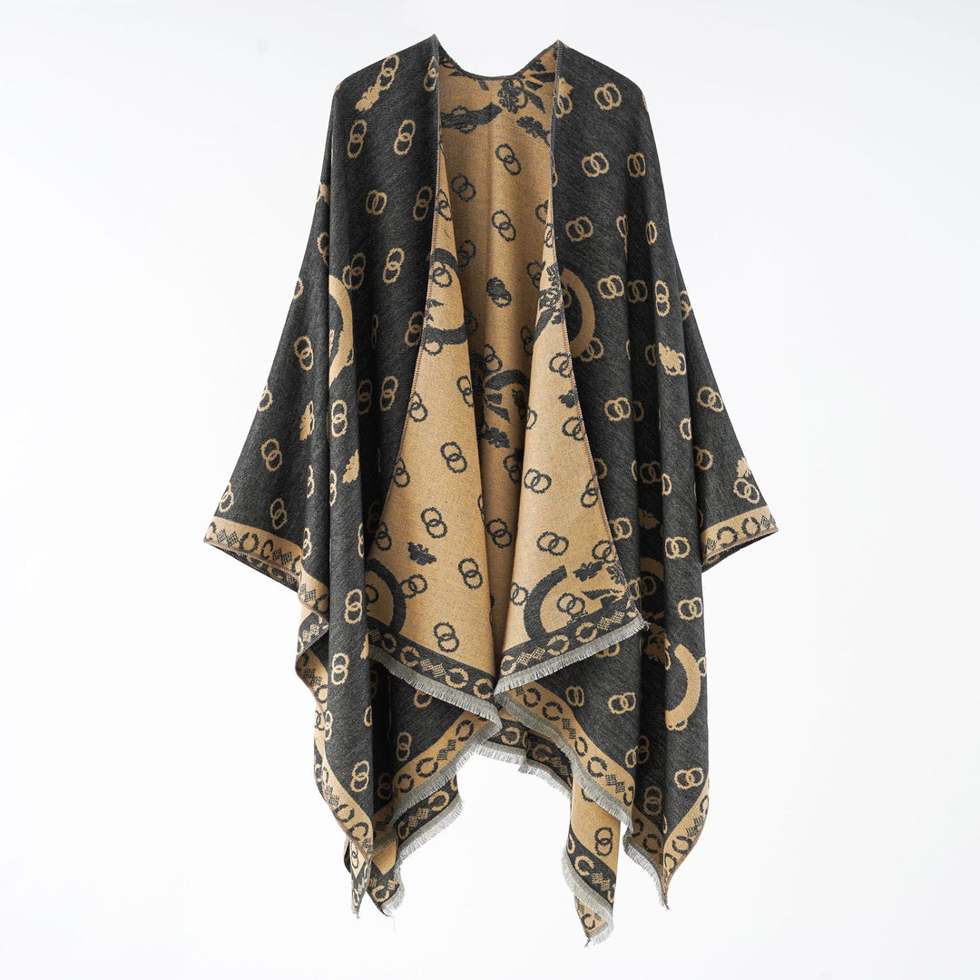 Damen Wendbarer Jacquard-Überwurf mit Fransen und großzügiger Wrap-Silhouette Drune