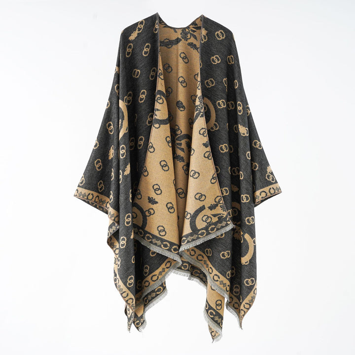 Damen Wendbarer Jacquard-Überwurf mit Fransen und großzügiger Wrap-Silhouette Drune
