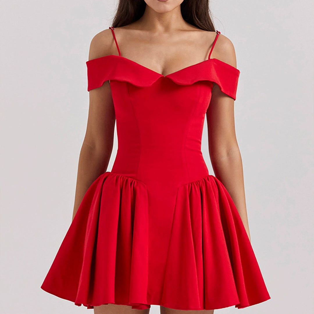 Damen Elegantes Off-Shoulder Minikleid mit voluminösem Saum und raffinierten Falten Drune