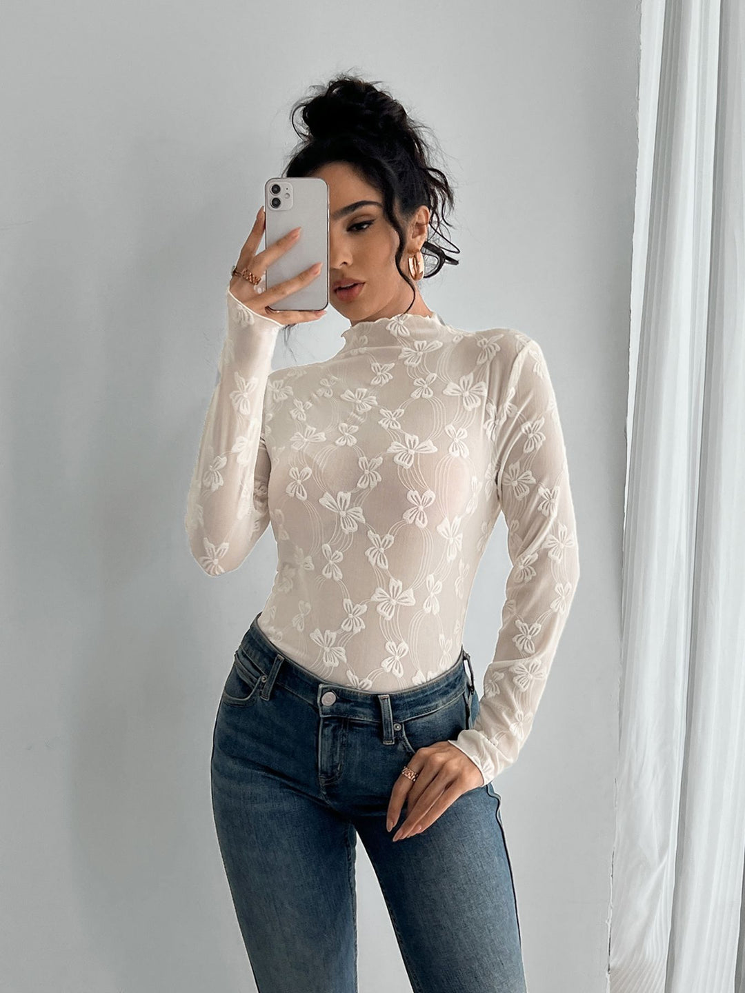 Damen nan figurbetontes durchsichtiges Langarmtop aus Netzstoff mit floraler Stickerei und Stehkragen Drune