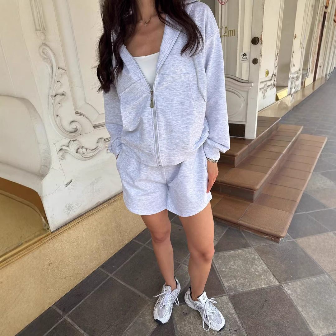 Damen lässiger Zip-Hoodie und Shorts-Set Drune