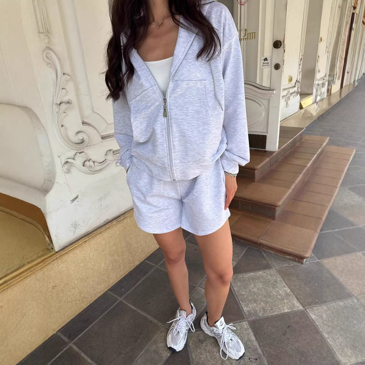 Damen lässiger Zip-Hoodie und Shorts-Set Drune