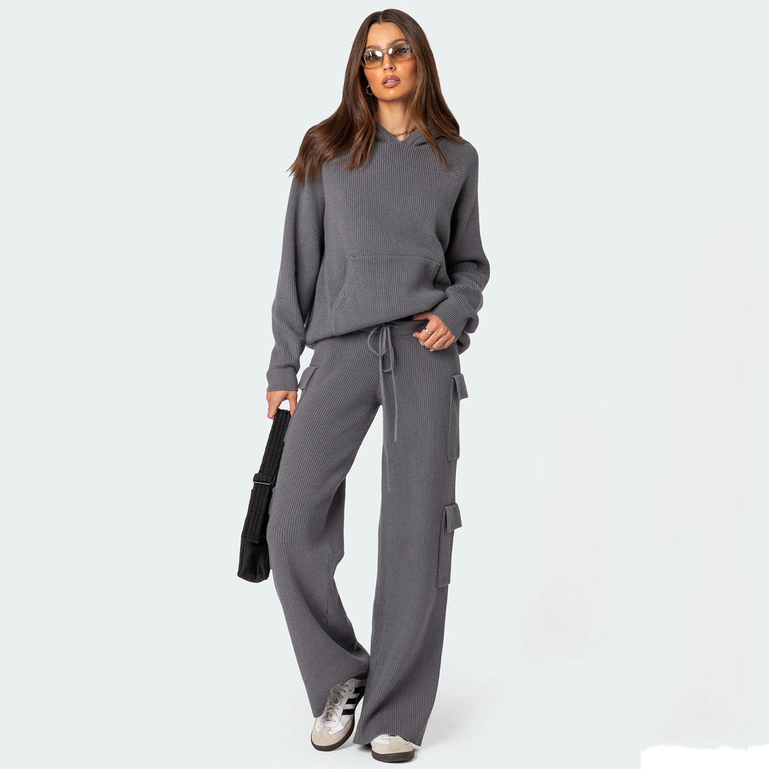 Damen geripptes Strick-Loungewear-Set mit Kapuzenpullover und Cargo-Hose Drune