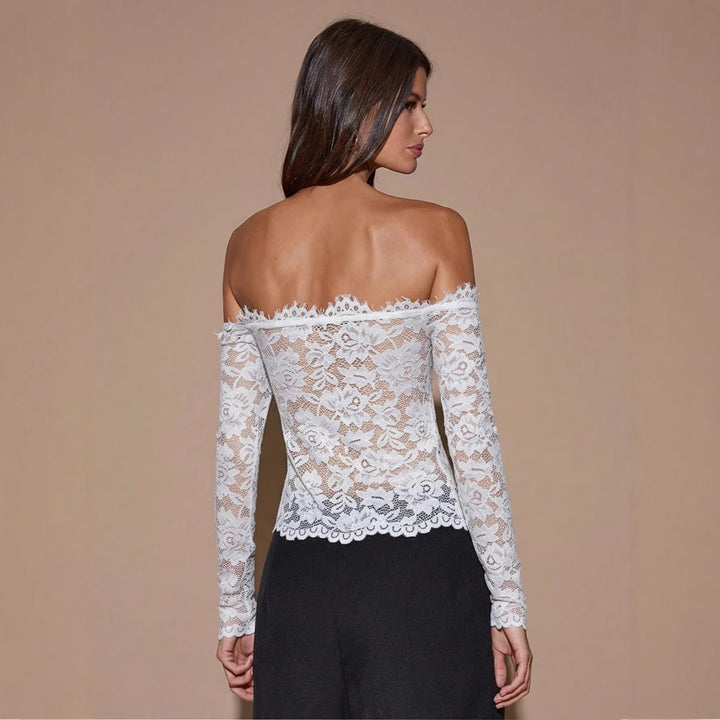 Damen nan schulterfreies semitransparentes Spitzen-Top mit Carmen-Ausschnitt, Raffung am Bustier und langen Ärmeln Drune