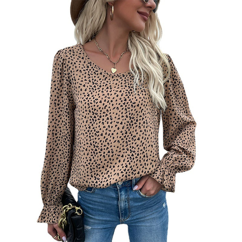 Damen Gepunktete Viskose-Bluse mit Ballonärmeln und Rüschensaum Drune