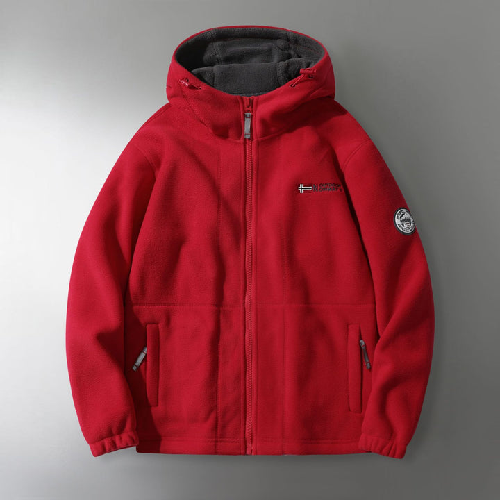 Herren Microfleece-Outdoorjacke mit Kapuze, windabweisender Struktur und Logo-Patch Drune