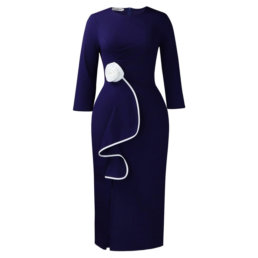 Damen Etuikleid mit eleganter Drapierung und floraler Applikation Drune